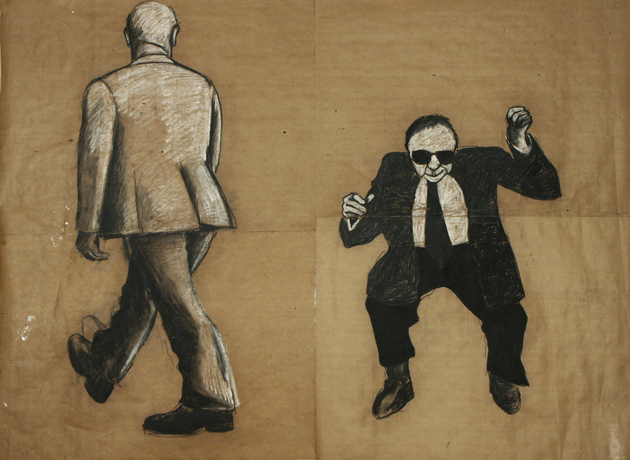 Jarosław Modzelewski – Dwaj mężczyźni – węgiel, kreda, papier, 183 x 250 cm, 1985