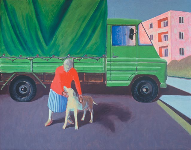 Jarosław Modzelewski – Pani czesze psa na tle Żuka – tempera żółtkowa, płótno, 180 x 230 cm, 2002