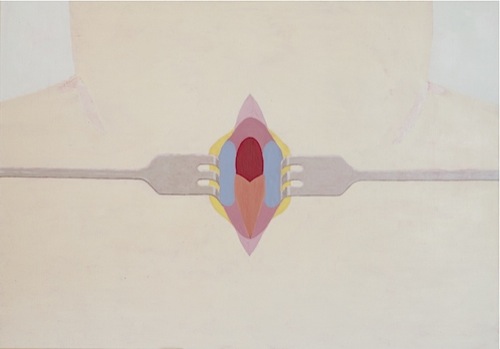 Grzegorz Sztwiertnia – Zobaczyć głos (wszczepienie świergotu grubodzioba) – tempera, olej, płótno, 70 x 100 cm, 2003