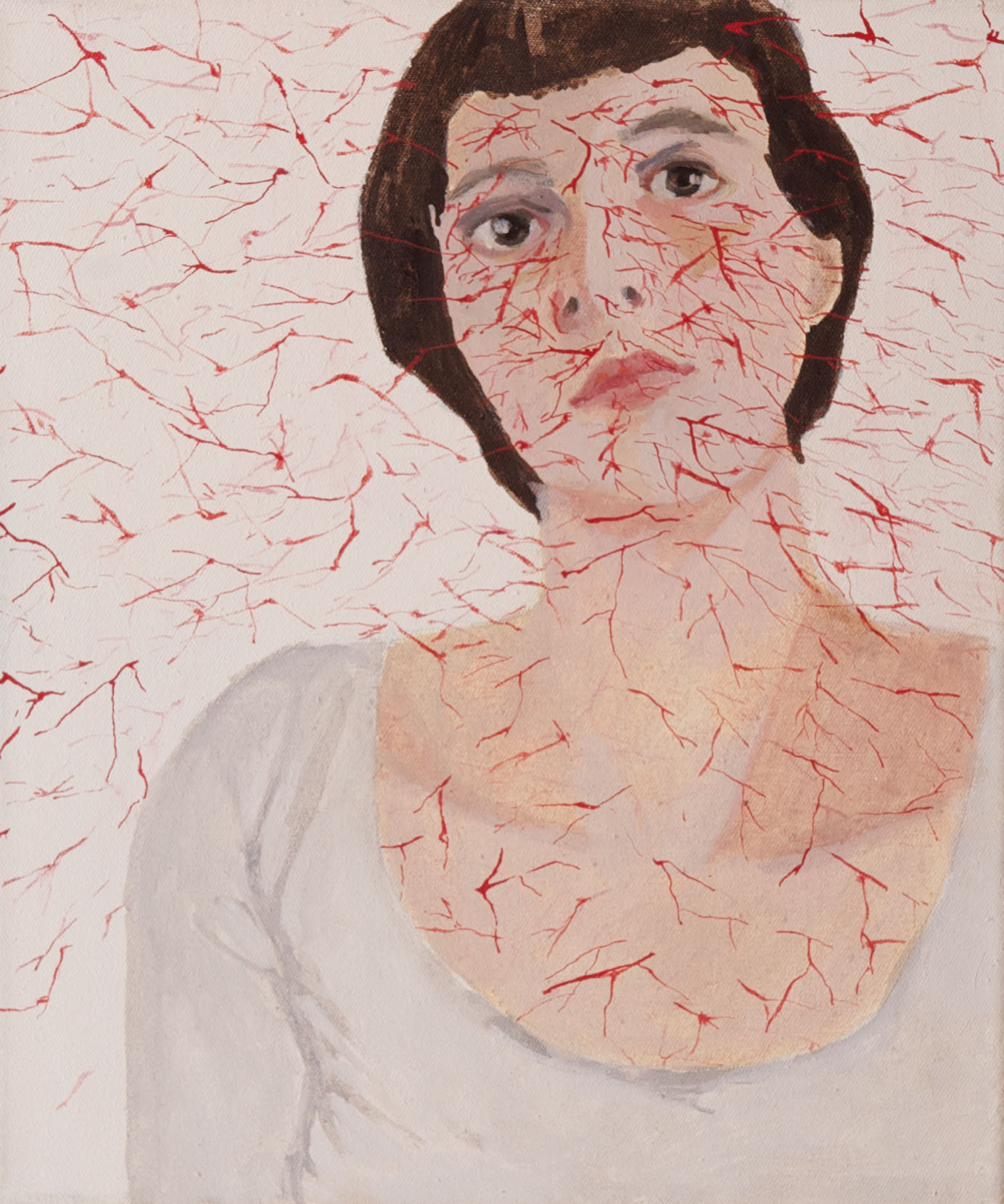 Monika Chlebek – Bez tytułu (kobieta z naczyńkami) – tempera, płótno, 30 x 25 cm, 2009