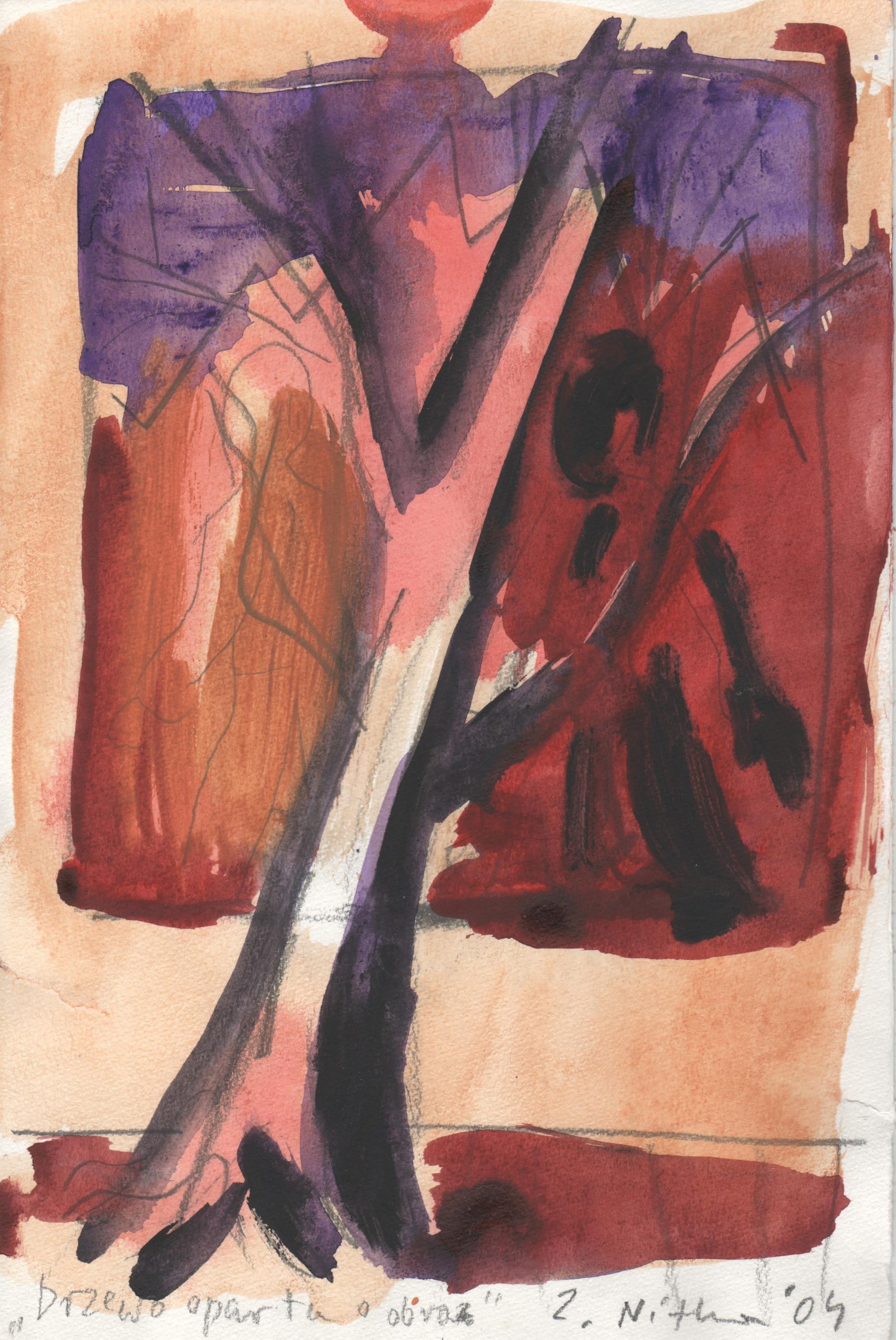 Zdzisław Nitka – Drzewo oparte o obraz – akwarela, ołówek, papier, 30 x 20 cm, 2004