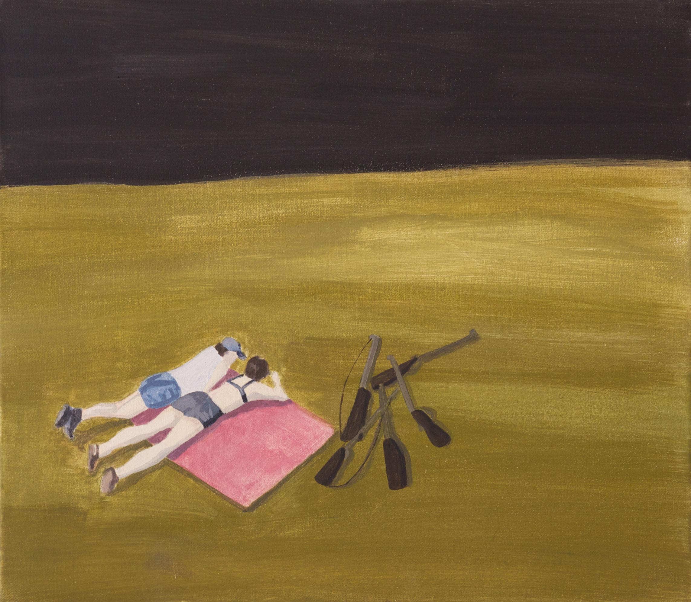 Monika Chlebek – Bez tytułu (myśliwi) – tempera, płótno, 35 x 40 cm, 2010