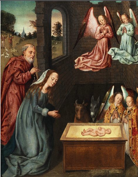 Mistrz Flamandzki – Adoracja Dzieciątka – deska, olej, 40,5 x 31,8 cm,  schyłek XV w.
