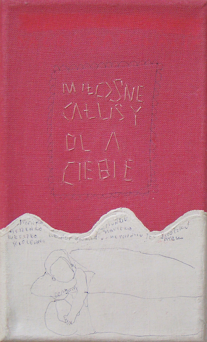 Basia Bańda – Miłosne całusy dla ciebie – technika własna, płótno, 25 x 15 cm, 2003