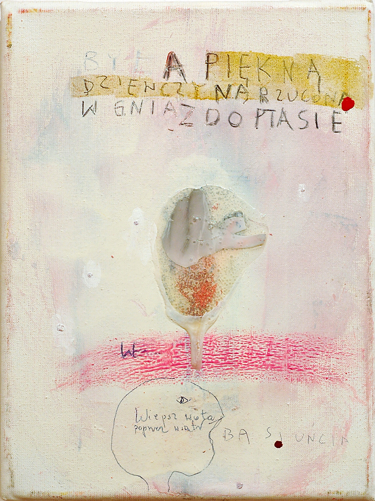 Basia Bańda – Rzucona w gniazdo ptasie – technika własna, płótno, 18 x 24 cm, 2003
