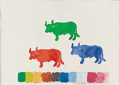 Ryszard Grzyb – Trzy bawoły + rozbarwienia, (3) – akwarela, papier, 37 x 53 cm, XII 2006