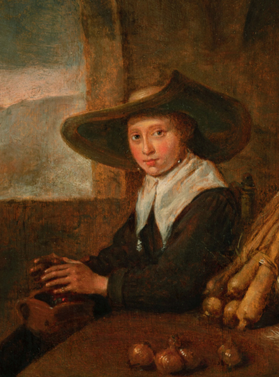 Quiringh Gerritsz. van Brekelenkam – Młoda sprzedawczyni warzyw grzejąca dłonie  – deska, olej, 38,5 x 29,1 cm,  Lejda, lata 1660.